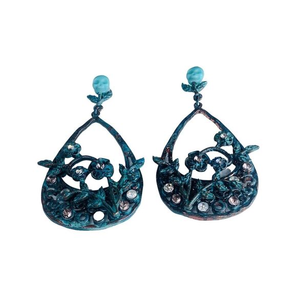 Betsey Johnson TEAL PATINA Skull Large Hoop Earrings 2" Crystal Statement - Picture 9 of 12